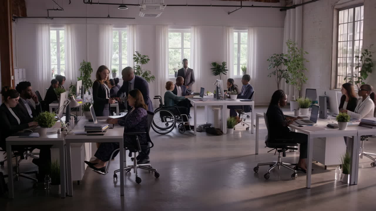 Diverse Professionals Collaborating in a Modern Open-Plan Office