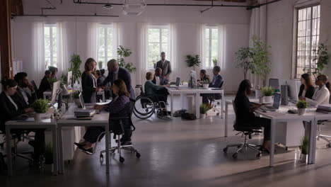 diverse professionals collaborating in a modern open-plan office