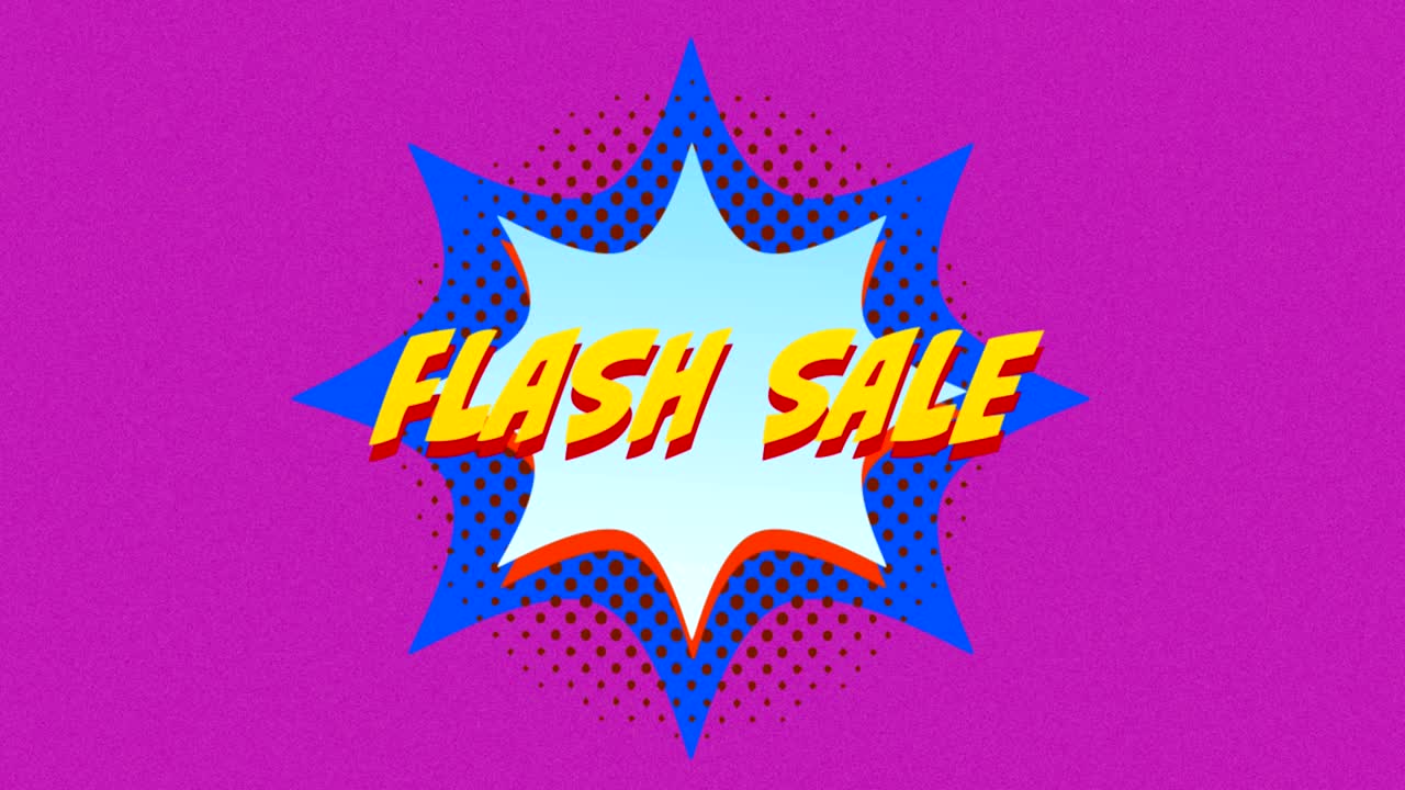 venta flash, boom y zap texto en burbuja de habla contra fondo púrpura