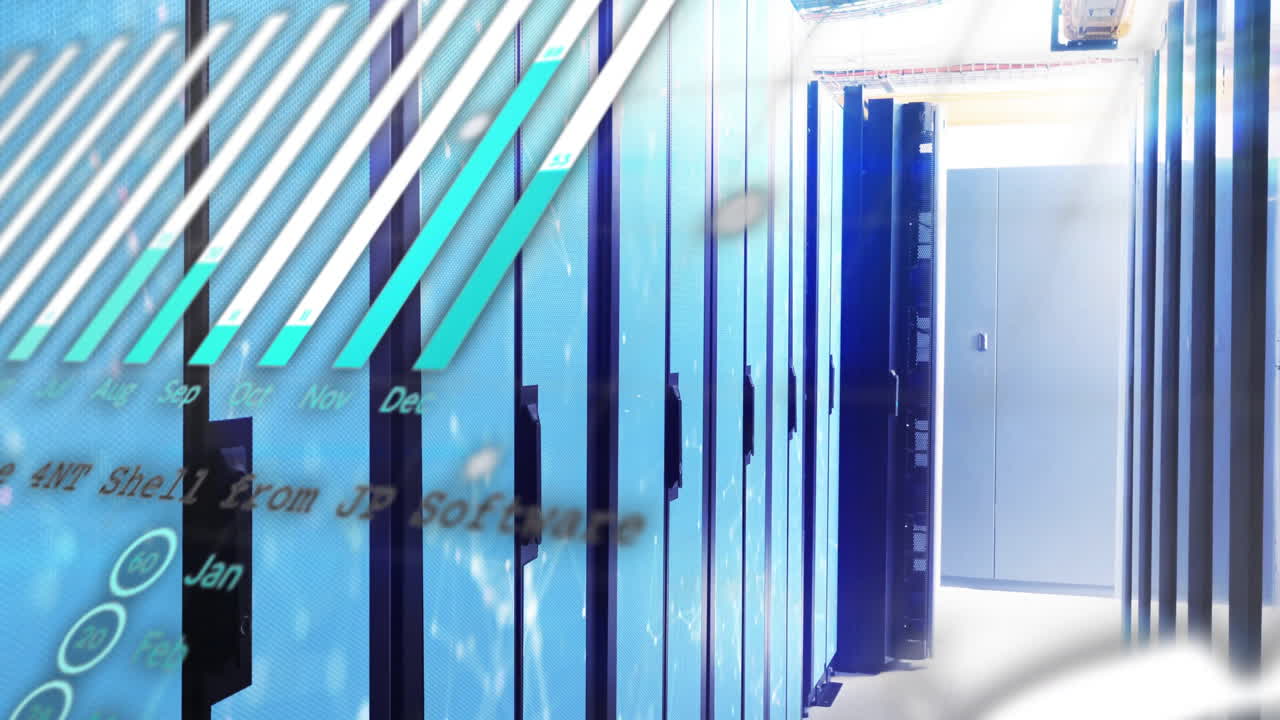 animación de procesamiento de datos en filas de servidores en el centro de datos