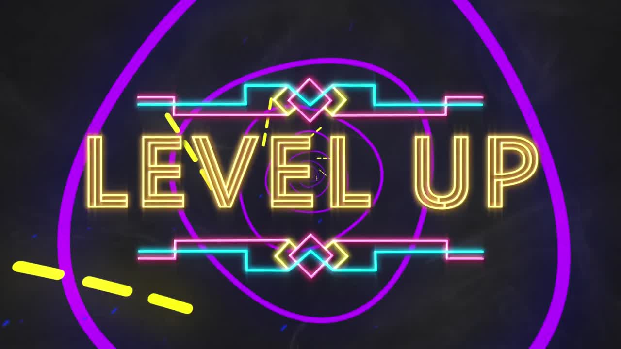 Digital animation of neon level up text over glowing tunnel against black background