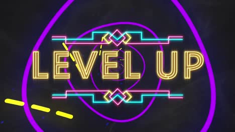 animación digital de texto de neón a nivel sobre túnel brillante contra un fondo negro