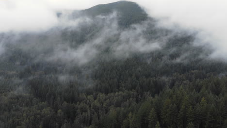 an aerial push in orbiting shot in the pnw mountains as fog rolls low over the forest