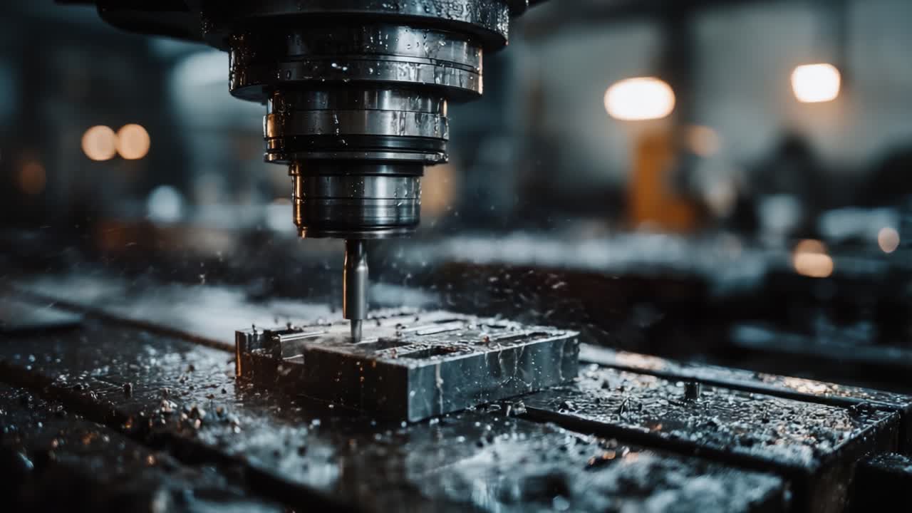 Processo di taglio metalli di precisione in un'officina industriale, che mostra una fresatrice CNC mentre lavora un pezzo metallico in un ambiente di produzione dinamico