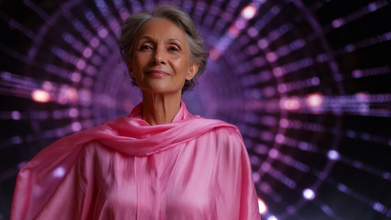 Una donna anziana distinta che trasuda sicurezza ed eleganza mentre è in piedi su uno sfondo astratto abbagliante caratterizzato da colori vivaci e motivi luminosi che riflettono una suggestiva atmosfera di serenità e fascino