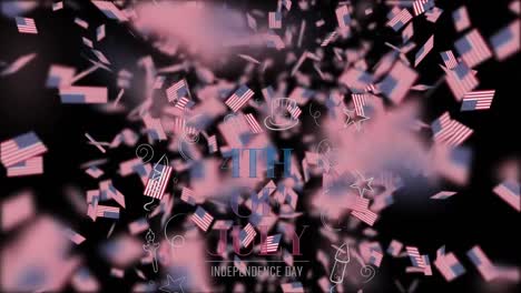 Animation-of-text-4th-july-happy-independence-day,-over-falling-american-flags