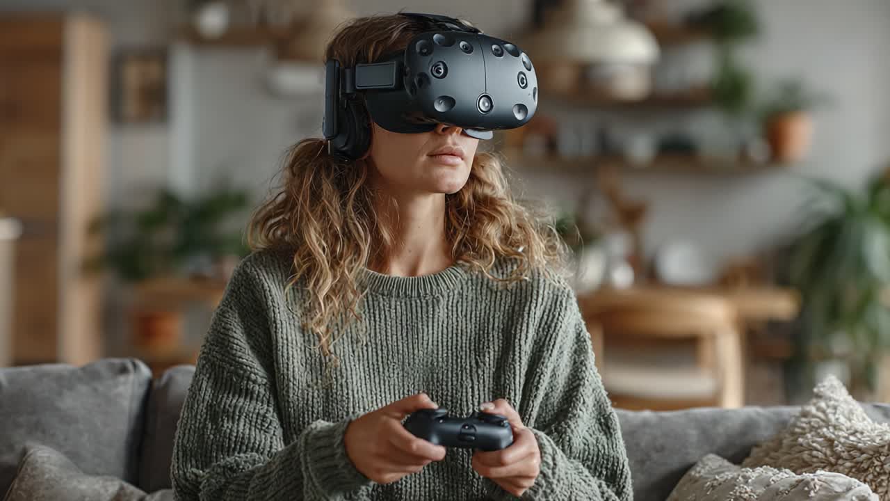 Esperienza di realtà virtuale immersiva: giocatore coinvolto in un accogliente soggiorno con visore VR e controller, mentre si rivela il futuro del gaming
