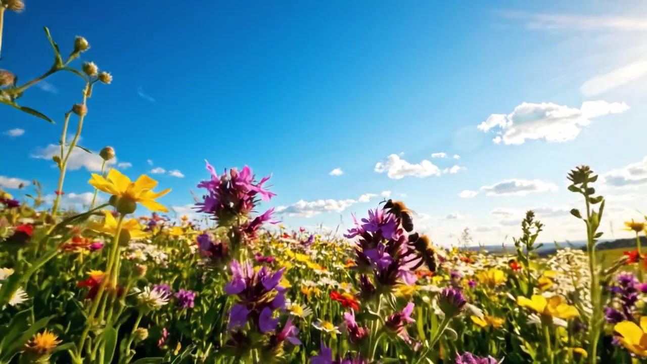 Una Vivace Esposizione di Fiori Selvatici Colorati Sotto un Cielo Azzurro Brillante con Nuvole Bianche e Soffici, Catturando l'Essenza della Bellezza Primaverile e dello Splendore della Natura