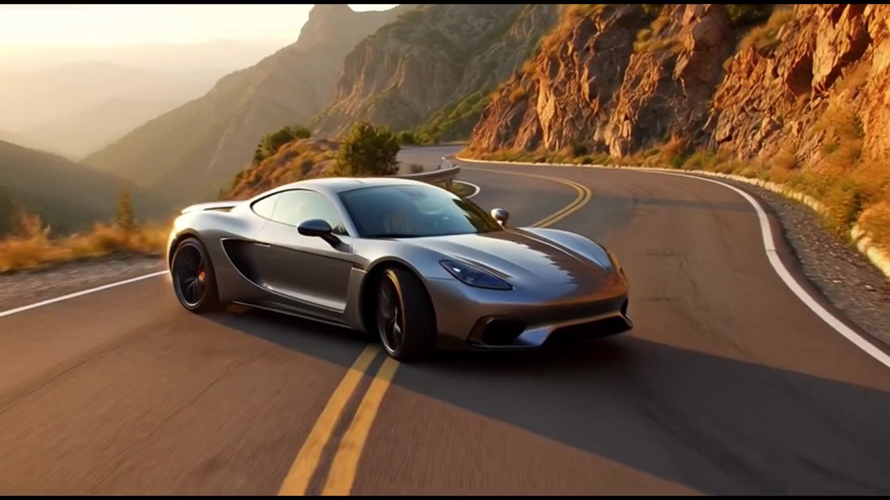 Auto sportiva d'argento che guida sulla Winding Mountain Road al tramonto
