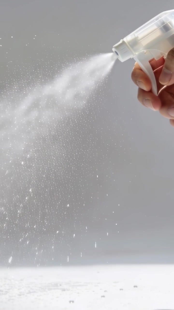 Video verticale: Mano destra che stringe una bottiglia spray su un tavolo, creando una nebbia sottile, con spazio per il testo.