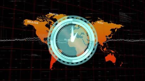 Neon-ticking-clock-and-multiple-changing-numbers-floating-over-world-map-against-black-background