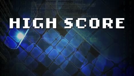 Animation-of-high-score-over-blue-squares-and-black-background