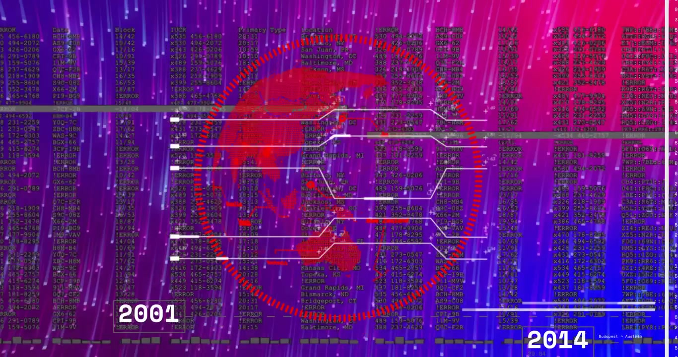 Streaks showing globe lines pulsing, radiating toward labels and code intensifying visualizing data