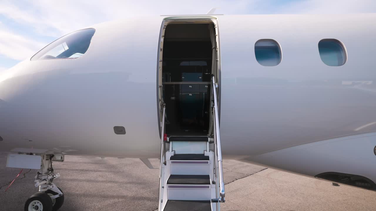 Porta d'ingresso della cabina aperta e scaletta di un jet privato sul piazzale, che mostra il lusso.