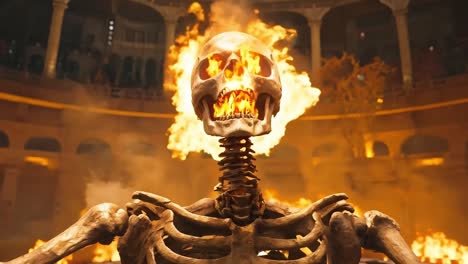 a skeleton in front of a burning stadium with flames coming out of it