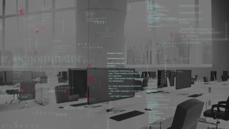 animación de símbolos abstractos y procesamiento de datos contra una oficina vacía.