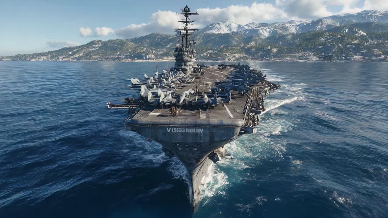 Aerial View of an Aircraft Carrier Navigating Calm Waters with Mountainous Backdrop, Showcasing Military Power and Technology