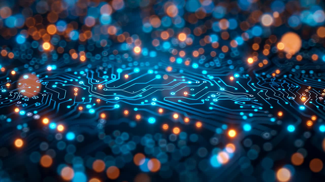 Blauw en oranje verlichte printplaat. Blauwe en oranje lampjes verlichten een printplaat met ingewikkelde lijnen. Het patroon creëert een digitaal gevoel en diepte