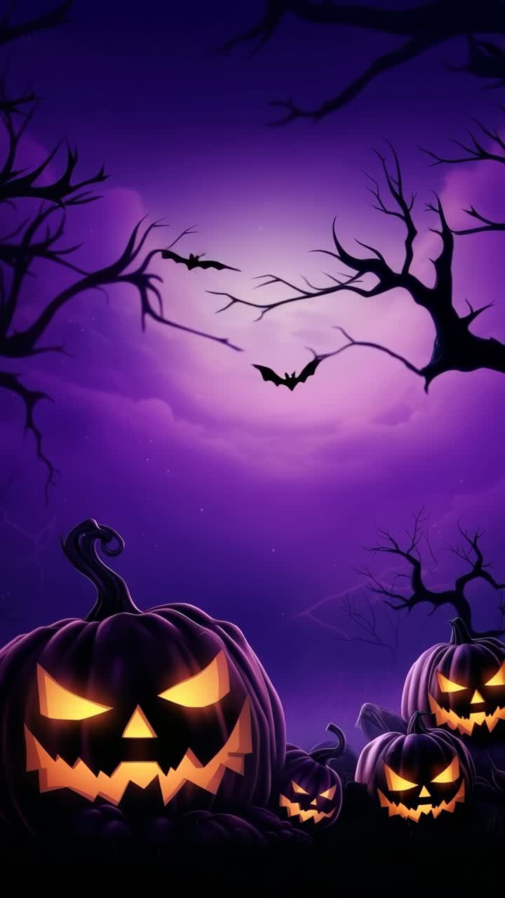 Scena di Halloween inquietante con jack-o'-lantern luminose e alberi contorti sotto un cielo viola.