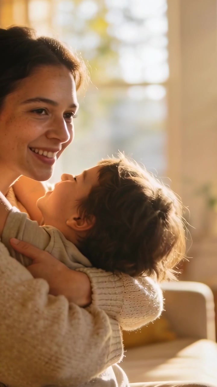 Video verticale: Mamma che culla il bambino, appoggiata al divano vicino alla finestra, con il bambino che guarda in alto, in un momento di tranquillità, indossando un top in maglia.