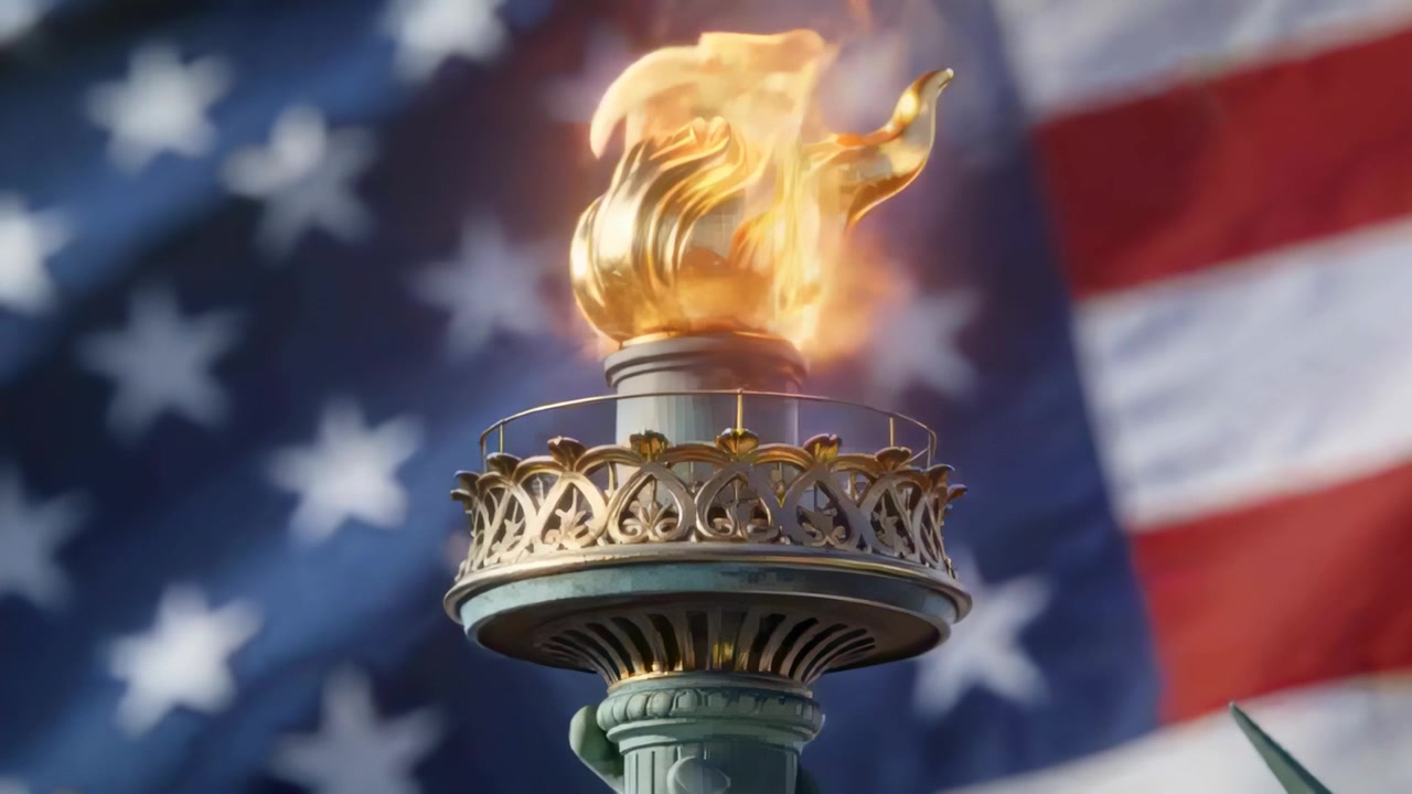 Mahkota obor Patung Liberty yang berkedip dan api berlapis emas menari di monumen, angin mengangkat api.