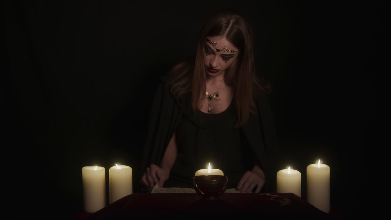 Young Wiccan Female Witch Reads Magic Spell Book to Prepare for Ritual in Candlelight