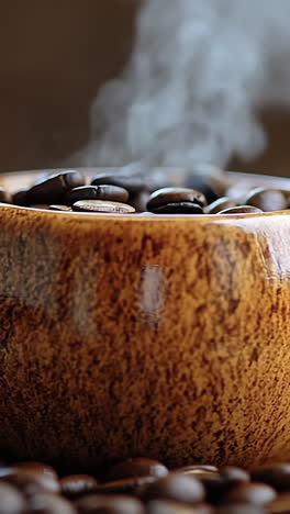 Freshly brewed coffee in a wooden cup. Steam rises from a wooden cup filled with dark roasted coffee beans on a rustic surface.