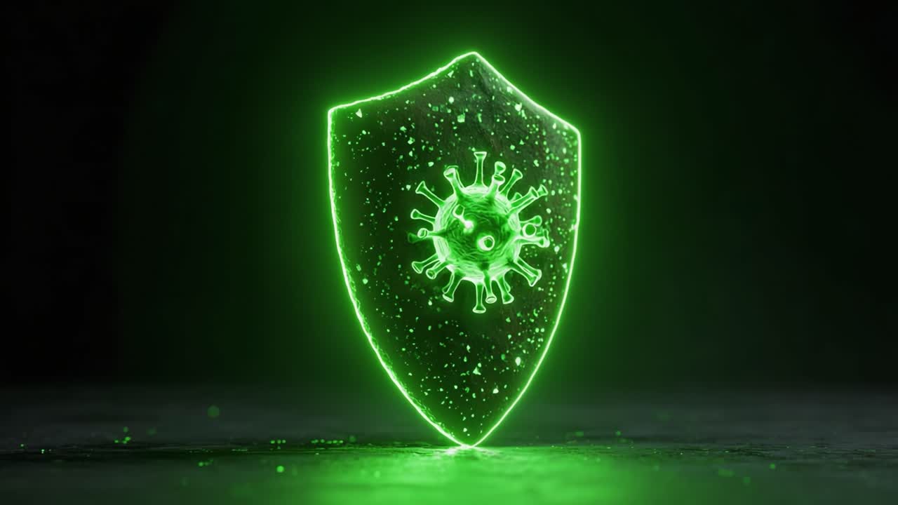 A striking representation of a shield combined with a virus symbol, highlighting the concept of protection against disease and the importance of safeguarding health with modern technology