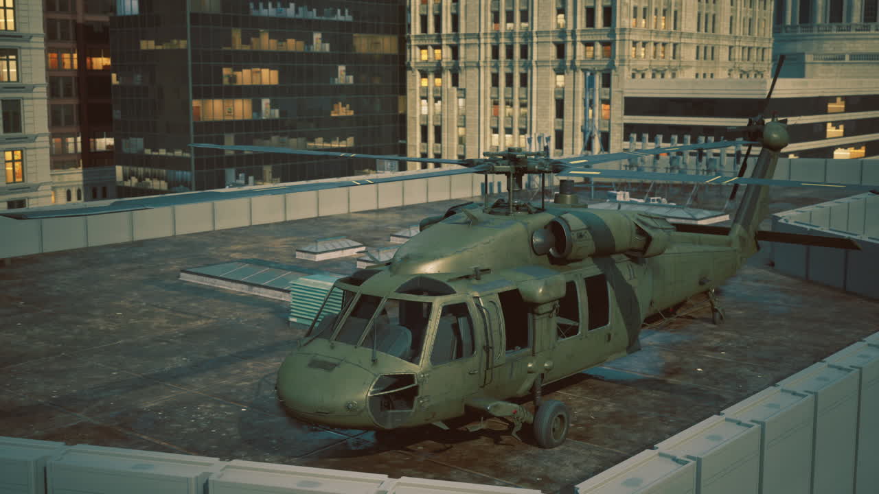 Military helicopter landing on urban rooftop during daylight hours
