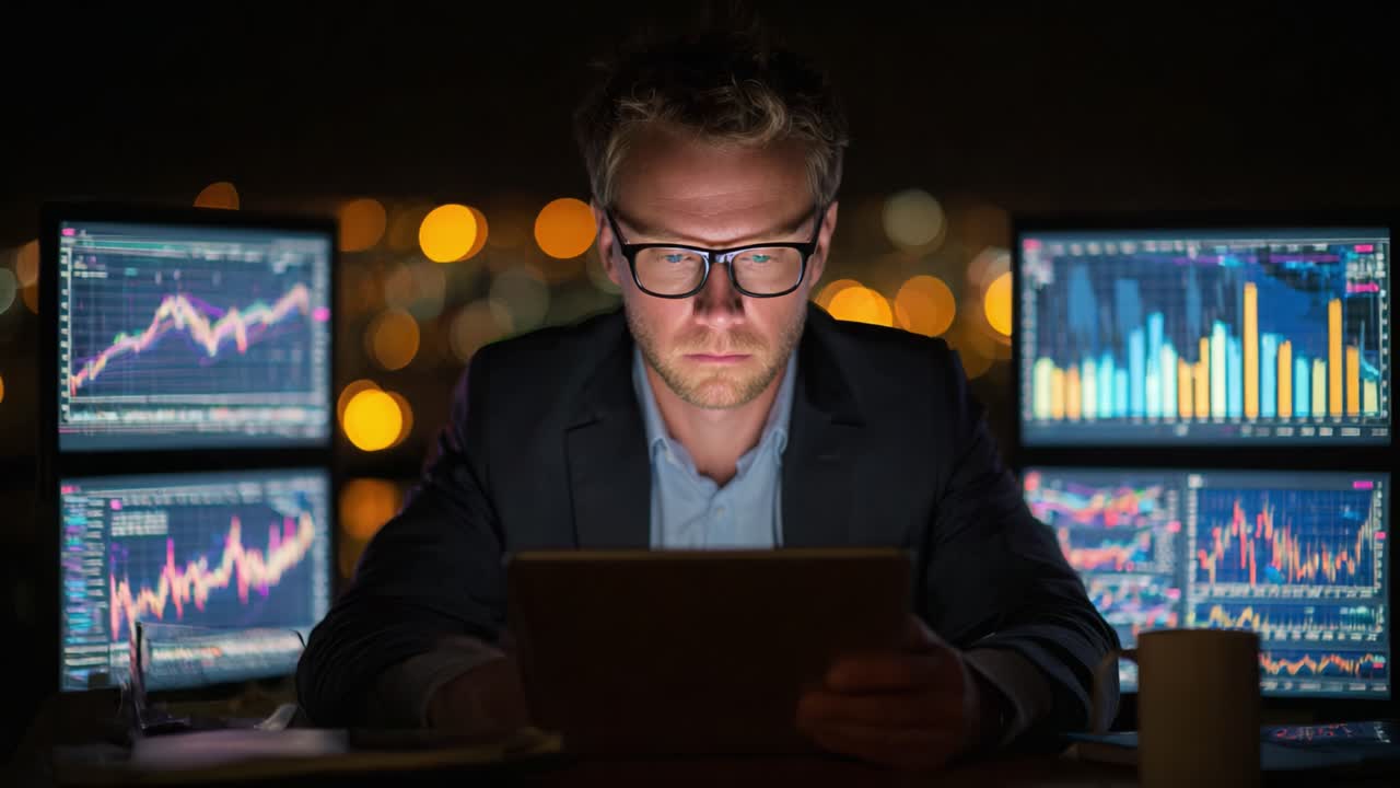Focused Professional Analyzing Financial Data on Digital Devices Amidst a Glowing Cityscape, Capturing the Essence of Modern Data-Driven Decision Making