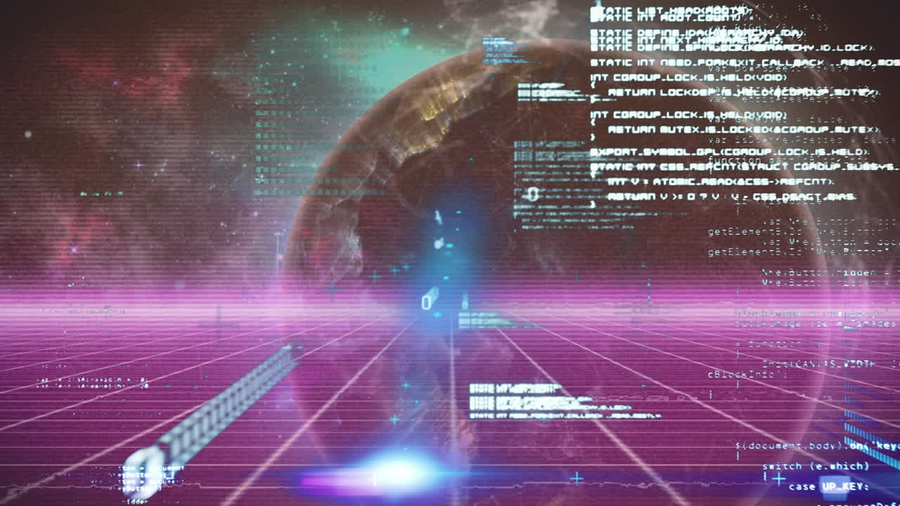 animación digital del procesamiento de datos sobre el globo giratorio en el espacio contra la red de rejilla