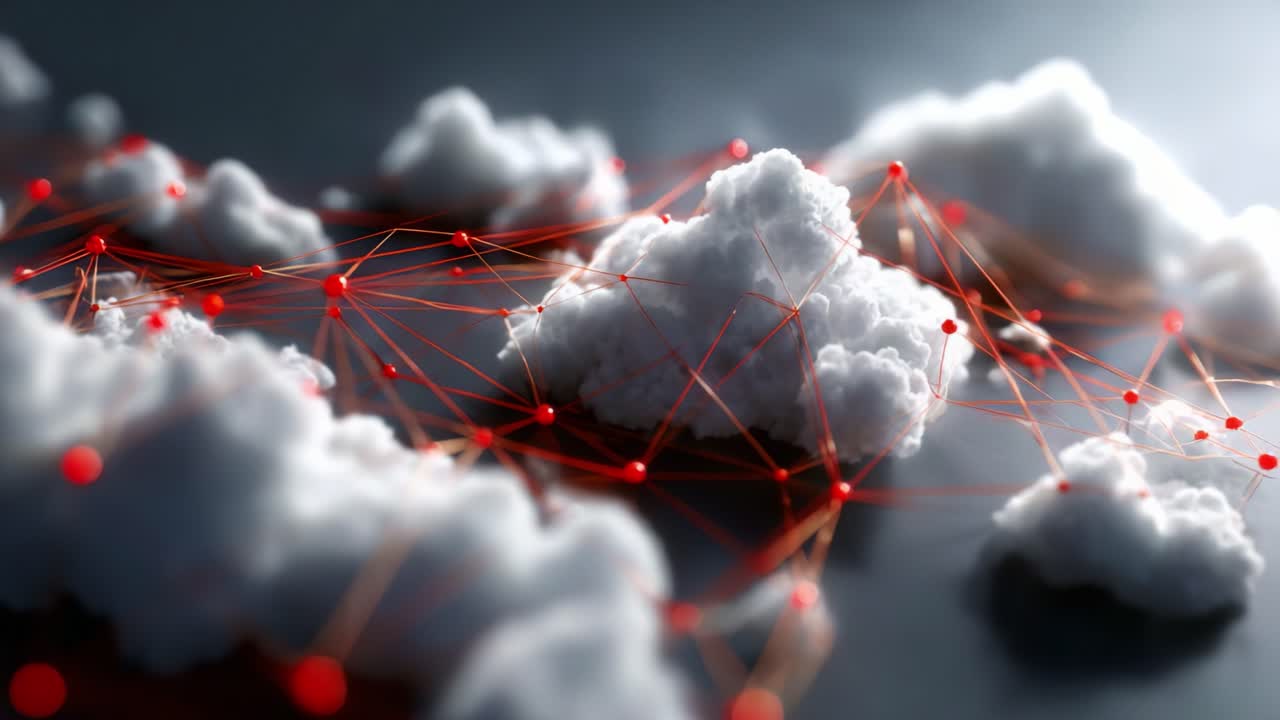 An Abstract Representation of Clouds Interconnected by Red Lines, Symbolizing a Network of Ideas, Technologies, and Concepts in a Futuristic Digital Landscape