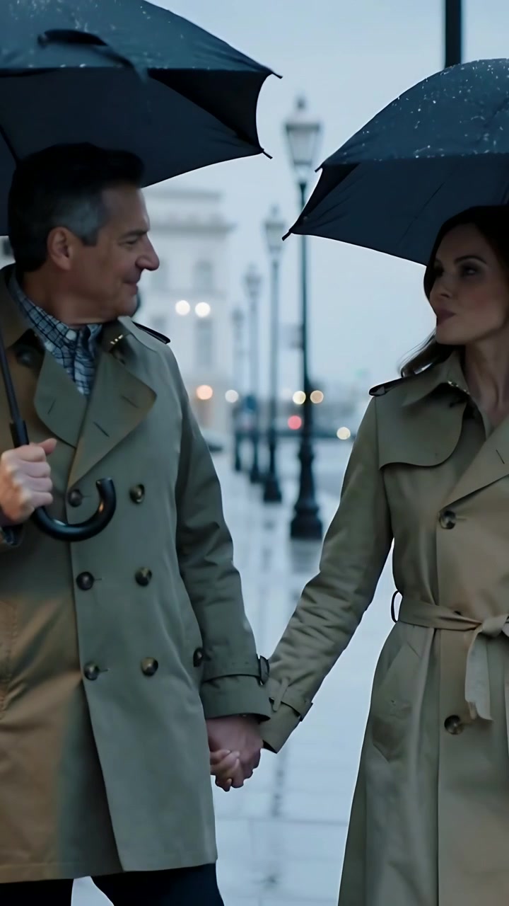 Vertical video: Walking couple holding hands, holding black umbrellas on rainy street, trench coats