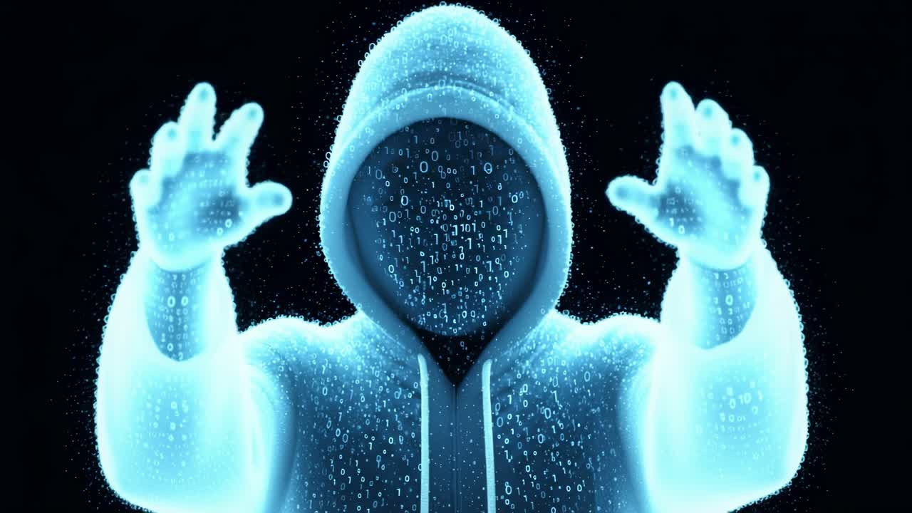In a dimly lit environment at night, a shadowy figure clad in a hoodie reveals intricate digital data, adding to the mystery