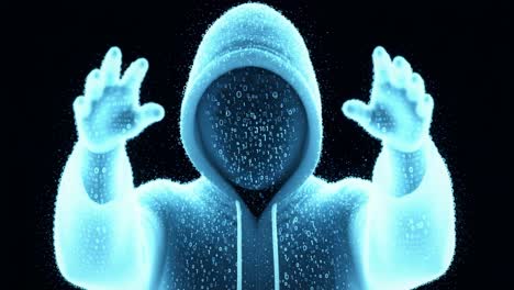 in a dimly lit environment at night, a shadowy figure clad in a hoodie reveals intricate digital data, adding to the mystery