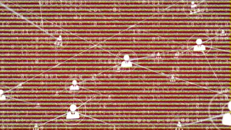 Animation-Des-Netzwerks-Von-Verbindungen-Mit-Symbolen-über-Die-Datenverarbeitung-Auf-Rotem-Hintergrund