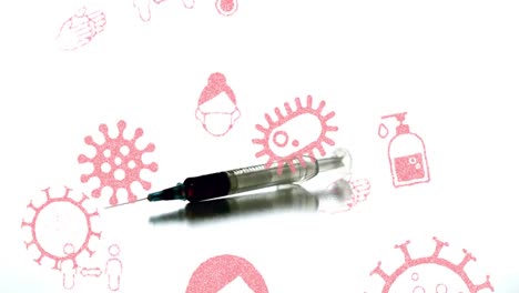 Animation-of-covid-19-cells-and-related-medical-icons-with-revolving-vaccination-syringe-on-white-ba