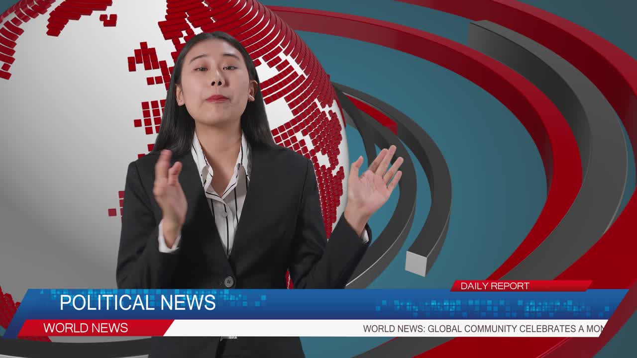Estudio de noticias en vivo con presentadora profesional asiática señalando a un lado mientras informa sobre los acontecimientos del día