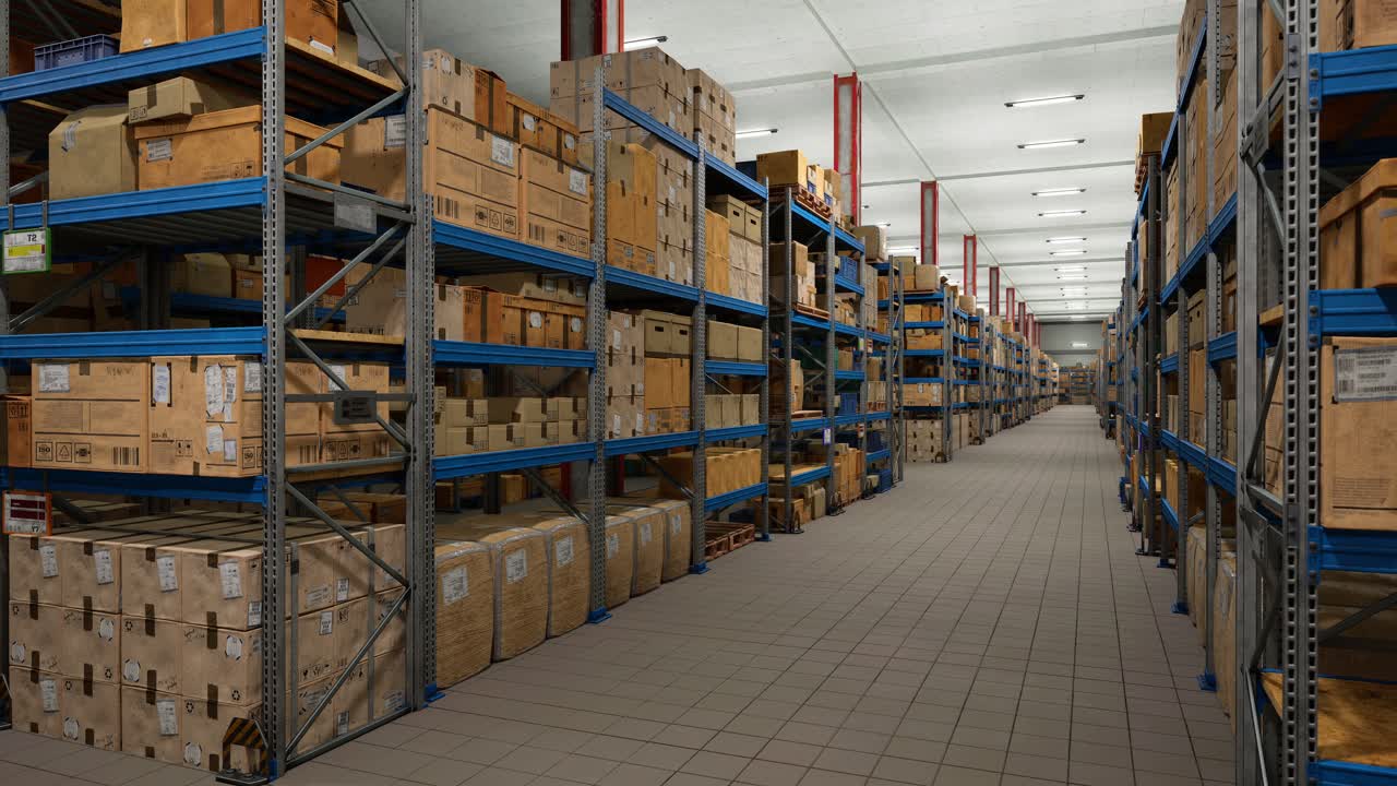 Industrial Warehouse Filled With Storage Boxes Labeled For Shipment, Distribution Center Storing Cargo For Import Export Industry