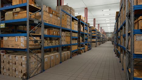 industrial warehouse filled with storage boxes labeled for shipment, distribution center storing cargo for import export industry