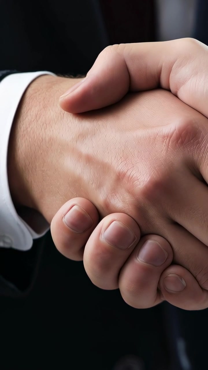 Video verticale: Stretta di mano che segnala la fine di un incontro, due dirigenti che stringono la presa in ufficio con i polsini.