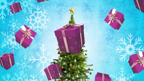 Animation-of-presents-falling-over-christmas-tree