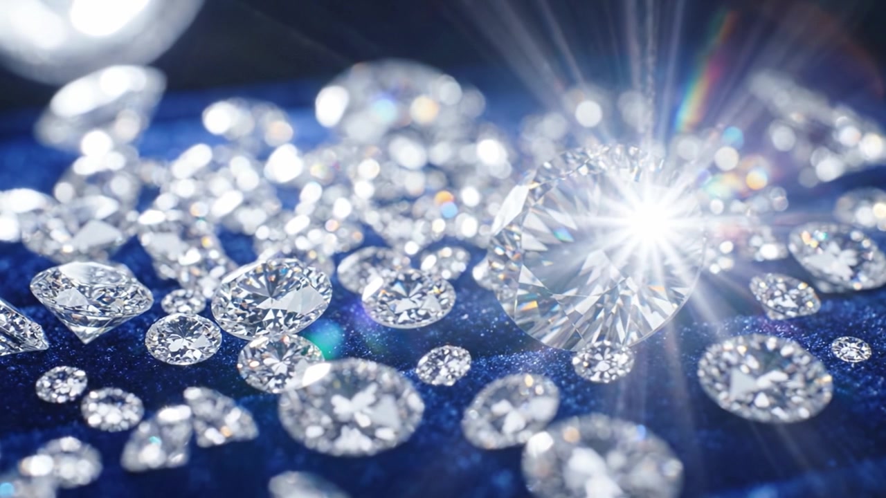Uma Exibição Deslumbrante de Diamantes Cintilantes Capturados em Sua Beleza Radiante, Apresentando Vários Cortes e Clareza Impecável Contra um Fundo Azul Rico
