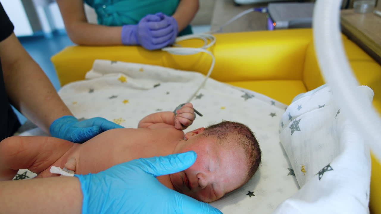 Unrecognized neonatologist touching newborn baby's face. The child doesn't like the gloved hand's touch. Close up.