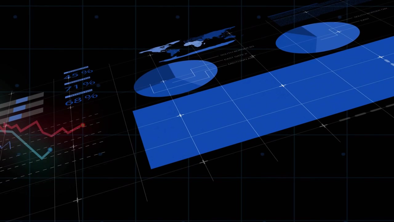 Dark grid plane activating charts and gauges appearing and animating percentages for dashboard