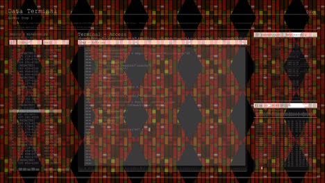 digital interface with data processing against abstract structures on black background