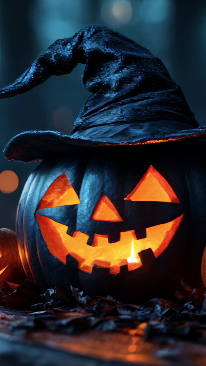 A black witch's hat sits on a table with three pumpkins, all of which have glowing eyes. The scene is set in a dark, spooky forest, with the hat and pumpkins creating an eerie atmosphere