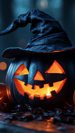 a black witch's hat sits on a table with three pumpkins, all of which have glowing eyes. the scene is set in a dark, spooky forest, with the hat and pumpkins creating an eerie atmosphere