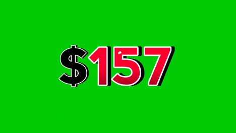 Animation number $157 dollar sign motion graphics with smoke effect green screen background vibrant red numbers. Video 3D effect with shadows for video elements business concept