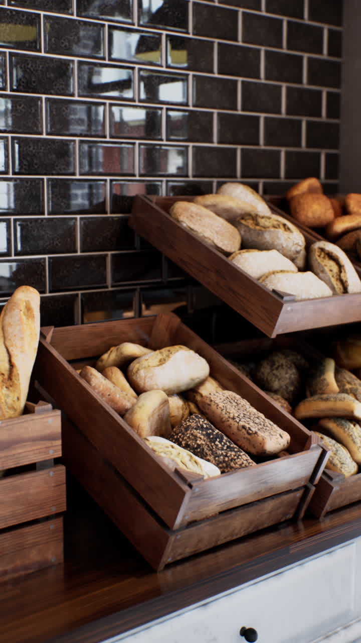 Assortment of freshly baked bread in wooden crates at a bakery